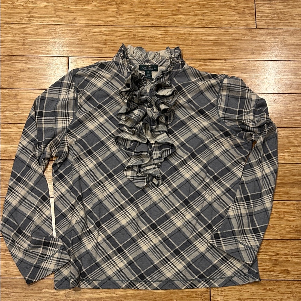 Ralph Lauren Cream and Gray Plaid Cotton Blouse Women’s XL